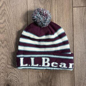 LL Bean Katahdin Striped Pom Beanie Maroon Blue OS